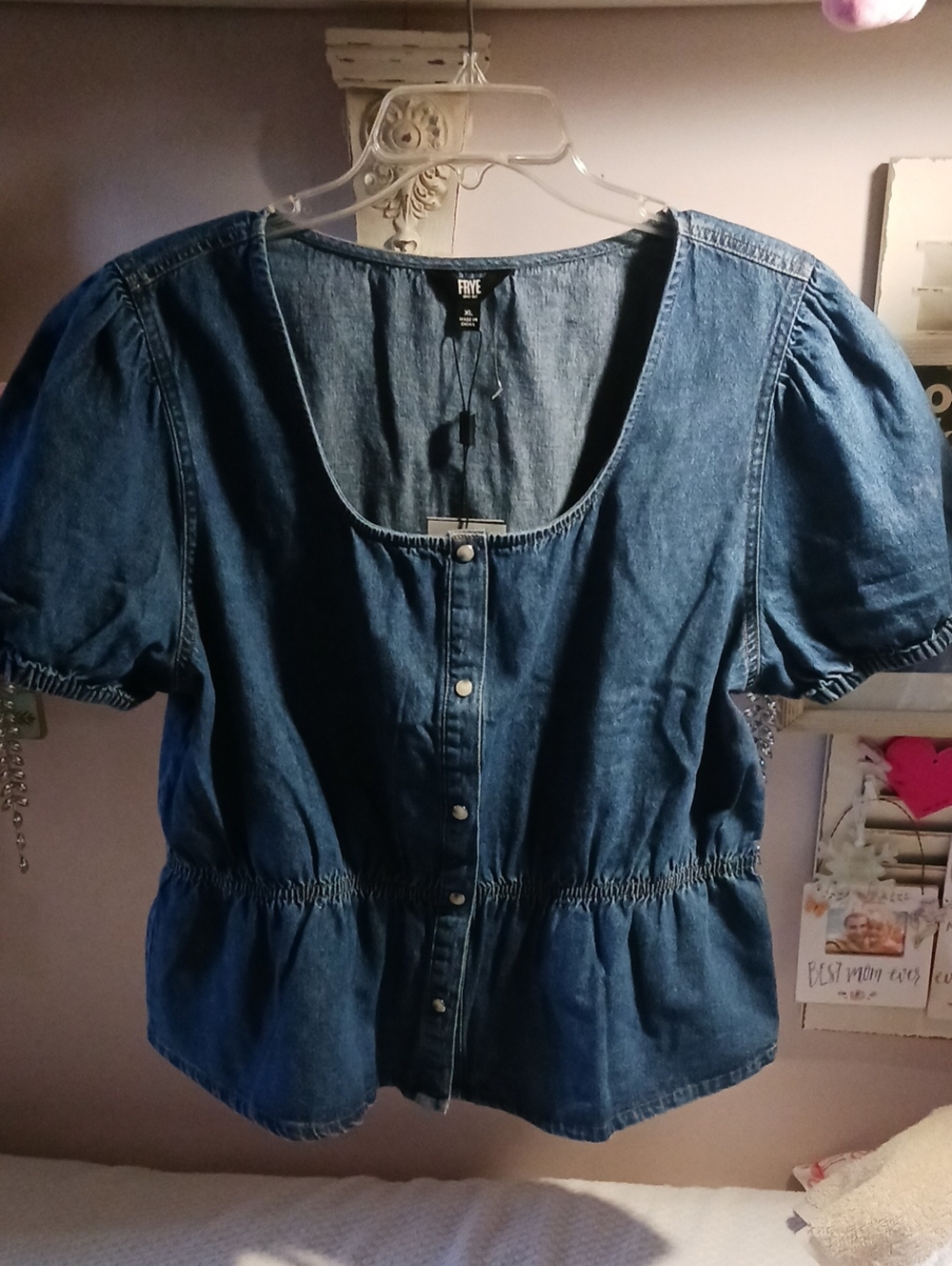 Gorgeous! Frye ⚜️ Blue Denim Button-Front Puff Sleeve Top Pearl Snaps ⚜️